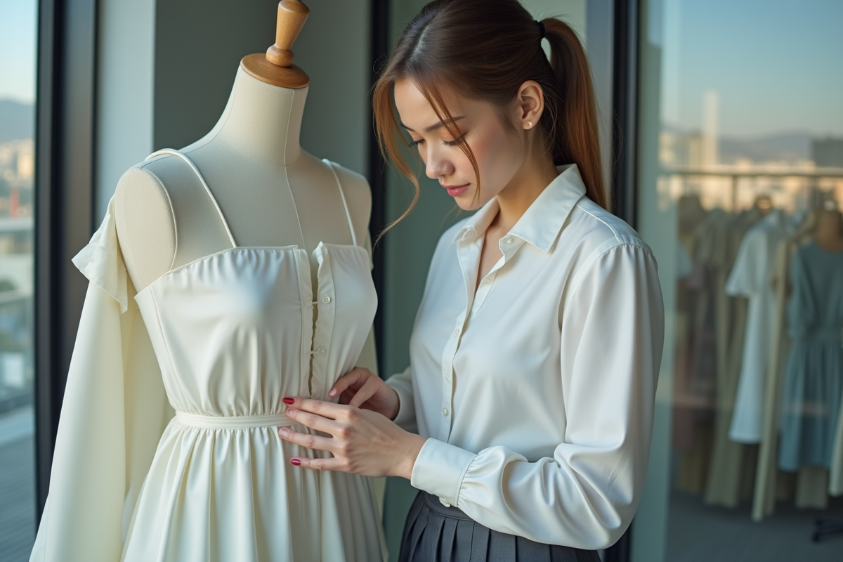 Jeune couturière en train de pincer une robe en satin