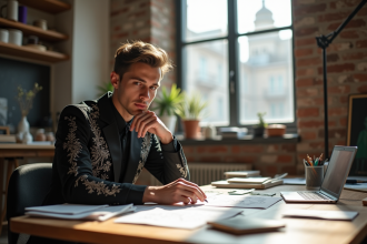 Jeune designer français en costume avantgarde dans son atelier