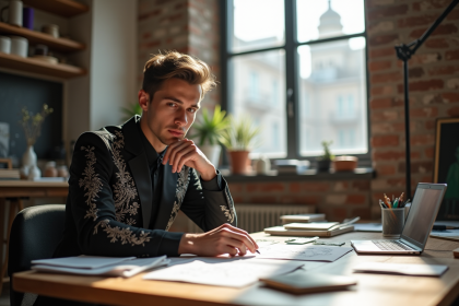 Jeune designer français en costume avantgarde dans son atelier