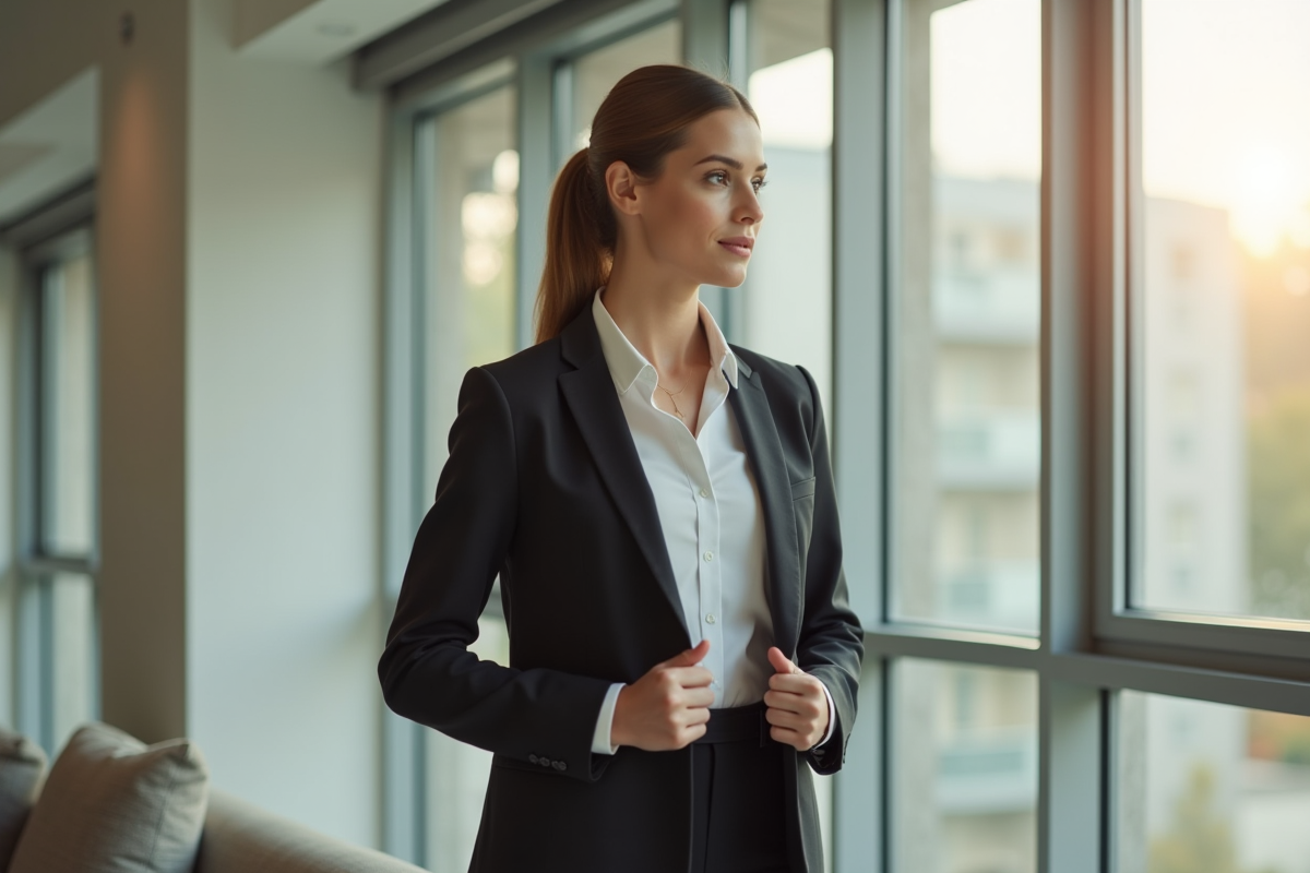 Jeune femme élégante ajustant son blazer devant une grande fenêtre