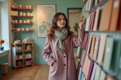 Jeune femme en manteau mauve dans une boutique d'art