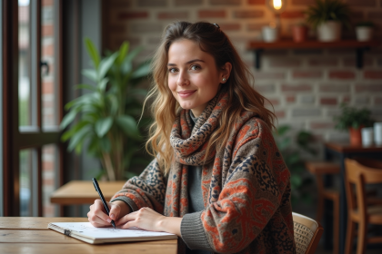 Jeune femme en café esquissant dans un carnet