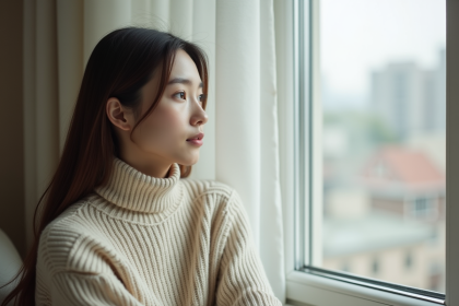 Jeune femme pâle regardant par une grande fenetre