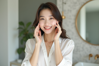 Jeune femme koreenne souriante admire sa peau lumineuse