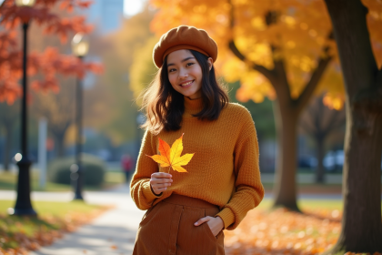 Jeune femme souriante avec pull moutarde dans un parc automnal