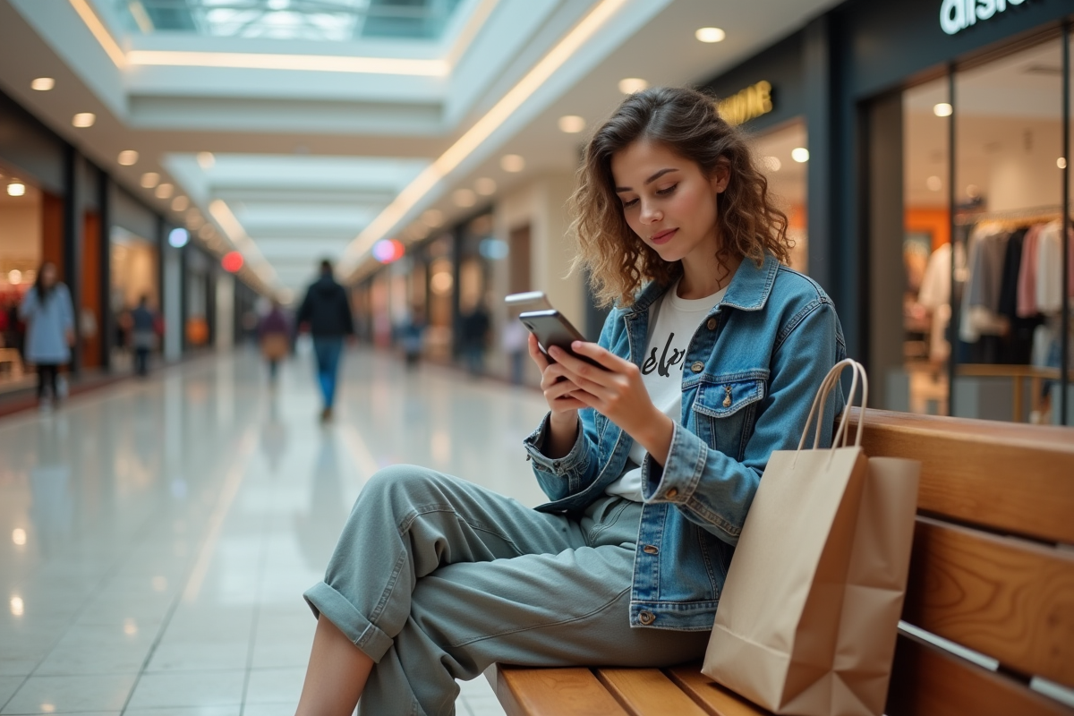 Jeune femme assise dans un centre commercial moderne