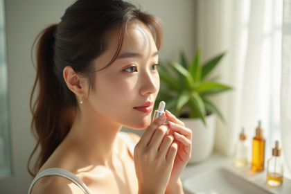 Jeune femme asiatique appliquant un serum visage dans une salle de bain lumineuse