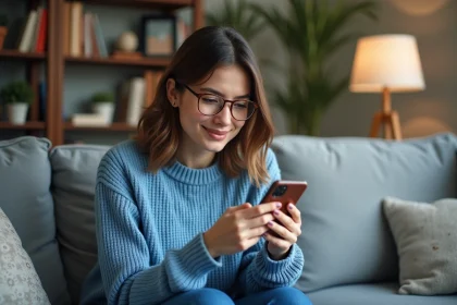 Jeune femme essayant des lunettes via une appli sur smartphone