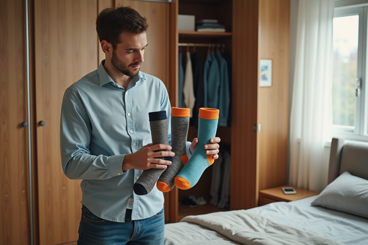 Jeune homme compare des chaussettes dans une chambre lumineuse