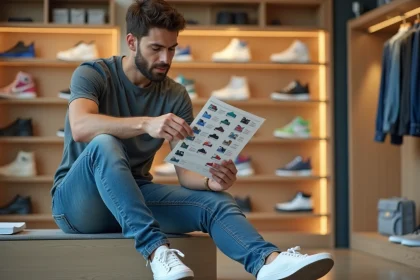 Jeune homme essayant des sneakers dans une boutique moderne
