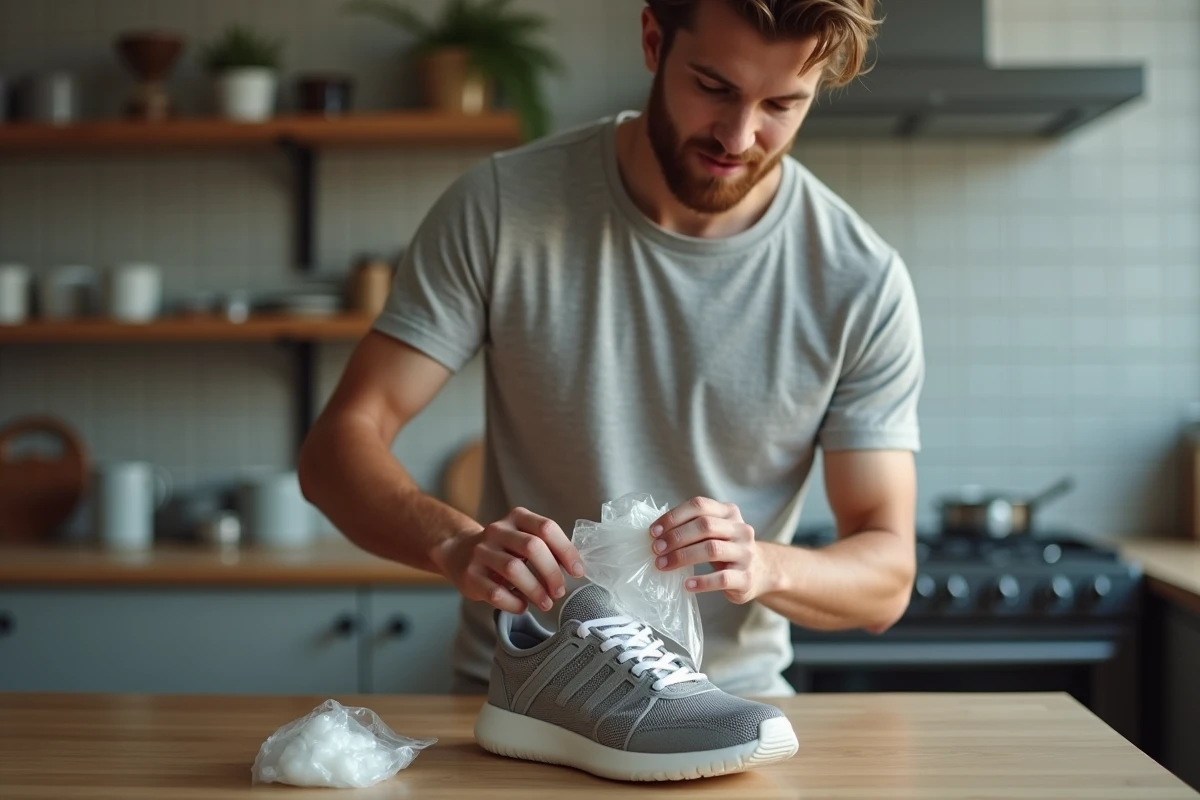 Jeune homme utilisant un sac plastique pour étirer ses sneakers