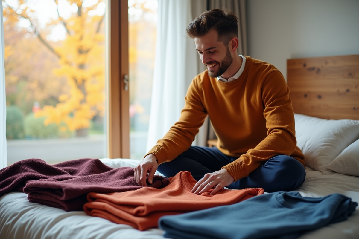 Jeune homme choisissant ses vêtements dans une chambre lumineuse