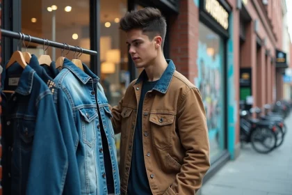 Jeune homme compare deux vestes dans une vitrine de streetwear