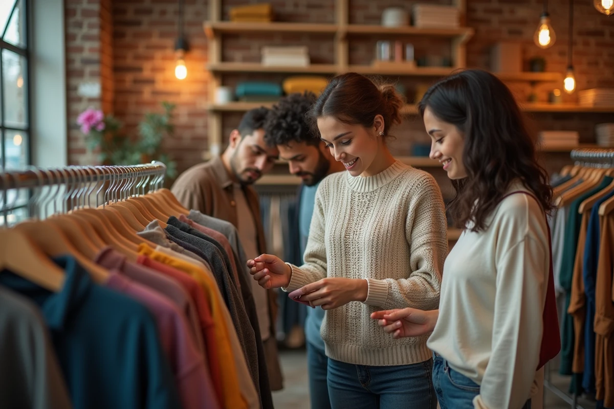 Groupe de jeunes dans boutique de mode vintage int&eacute;rieure