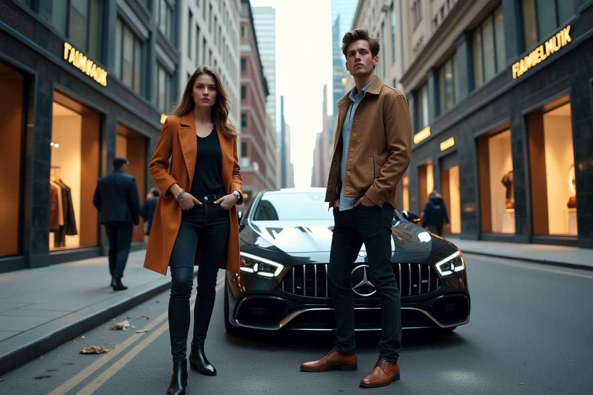 Jeunes professionnels avec voiture de luxe en ville