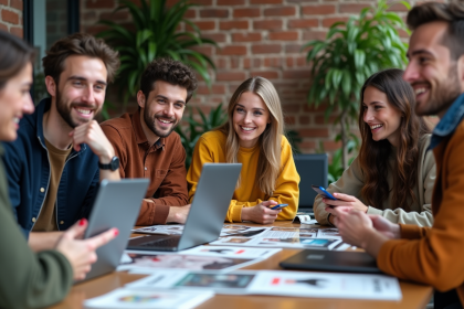 Groupe de jeunes adultes discutant tendances mode en coworking