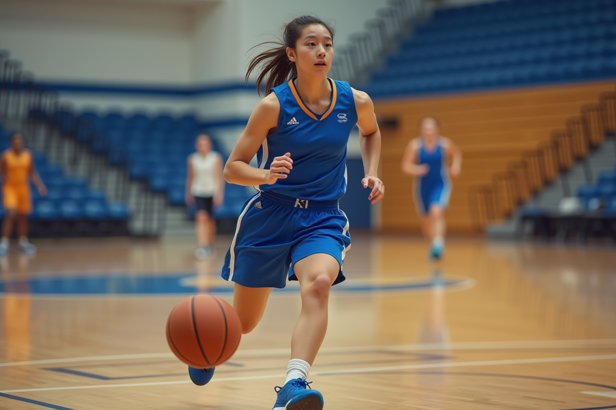 Jeune joueuse de basketball dribblant sur terrain intérieur