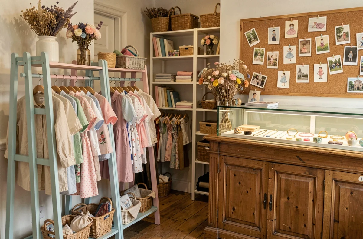 Intérieur de la boutique La Marelle à Paris avec des vêtements vintage soigneusement disposés sur des portants en bois pastel