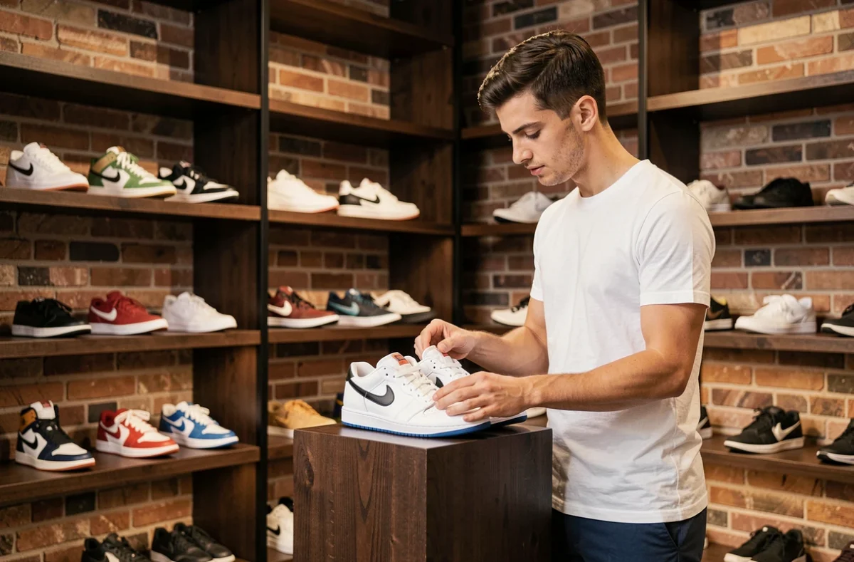 Intérieur soigné de la boutique Le Sens de la Marche à Toulouse avec un vendeur arrangeant des baskets premium sur une étagère en bois