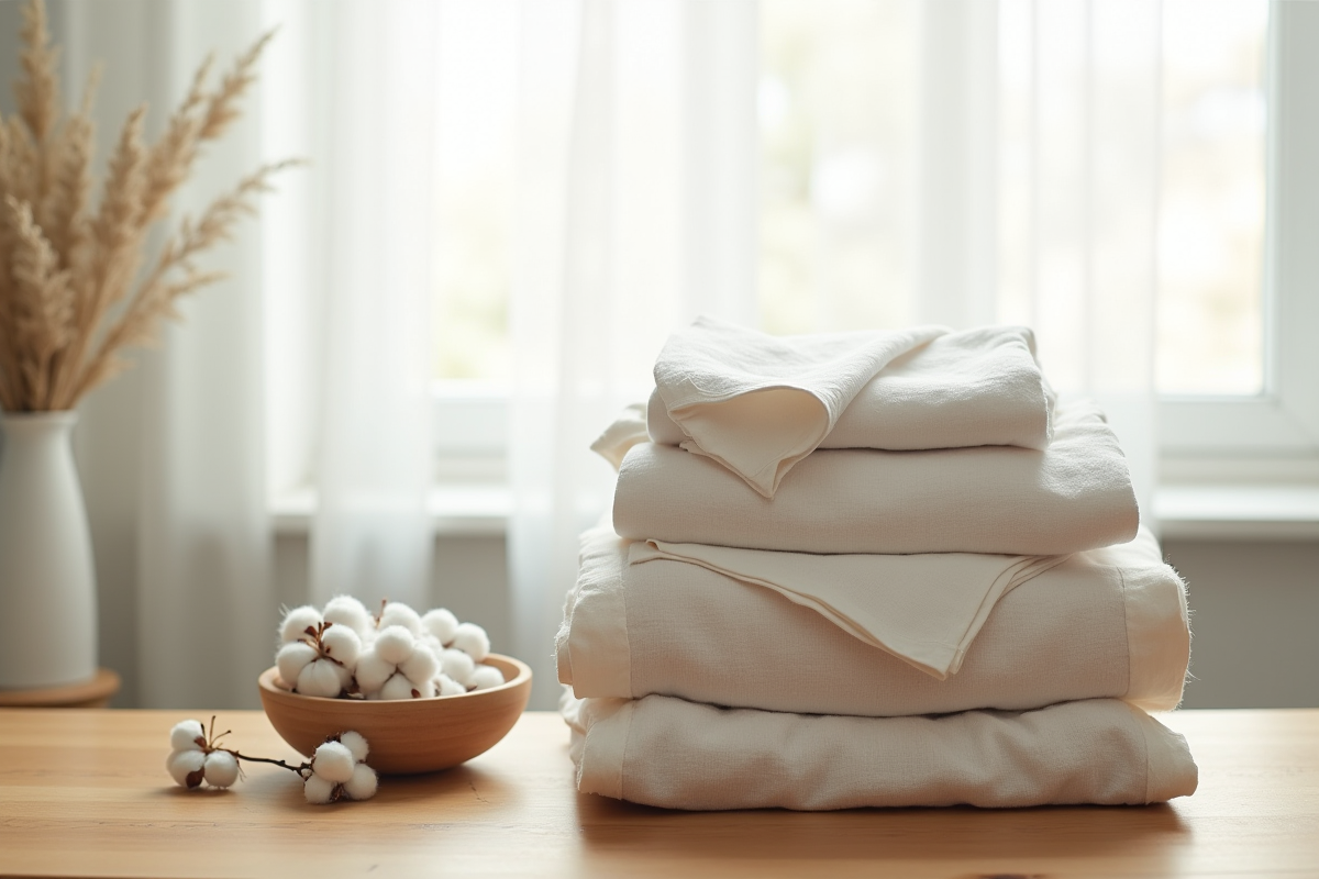 Vêtements en lin et coton bio sur une table en bois