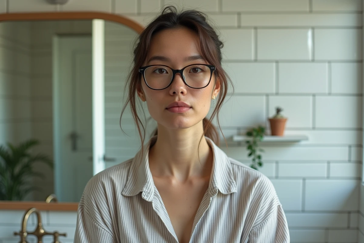 Jeune femme au visage rond portant des lunettes rectangulaires trop étroites, erreur de proportion de montures visible dans un miroir de salle de bain
