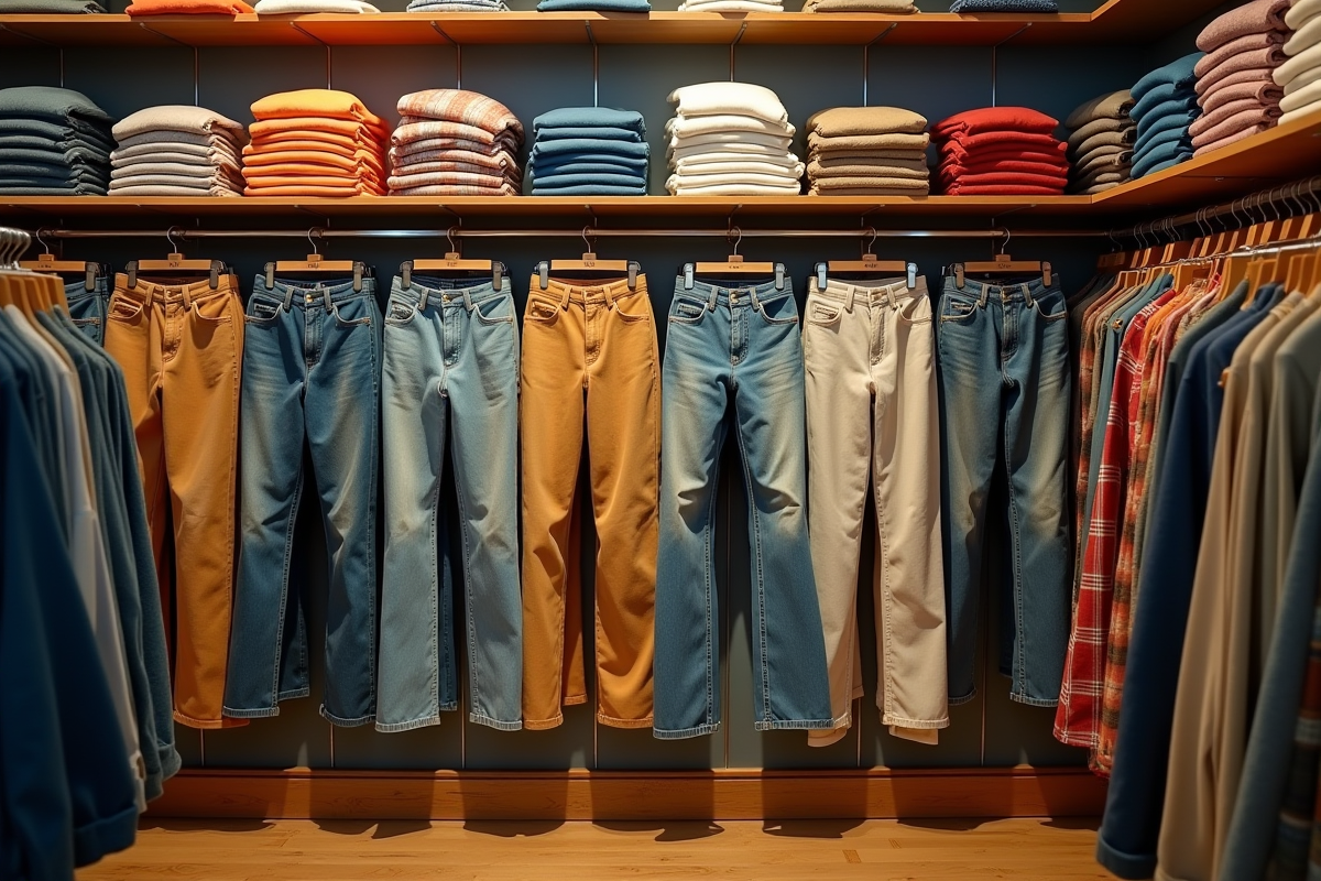 Intérieur d un magasin vintage 90s avec pantalons colorés