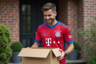 Fan du Bayern Munich ouvrant un colis livré rapidement contenant son maillot officiel devant sa porte