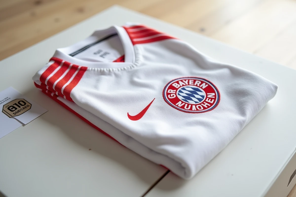 Maillot officiel du Bayern Munich soigneusement plié dans un emballage de livraison avec bon de commande