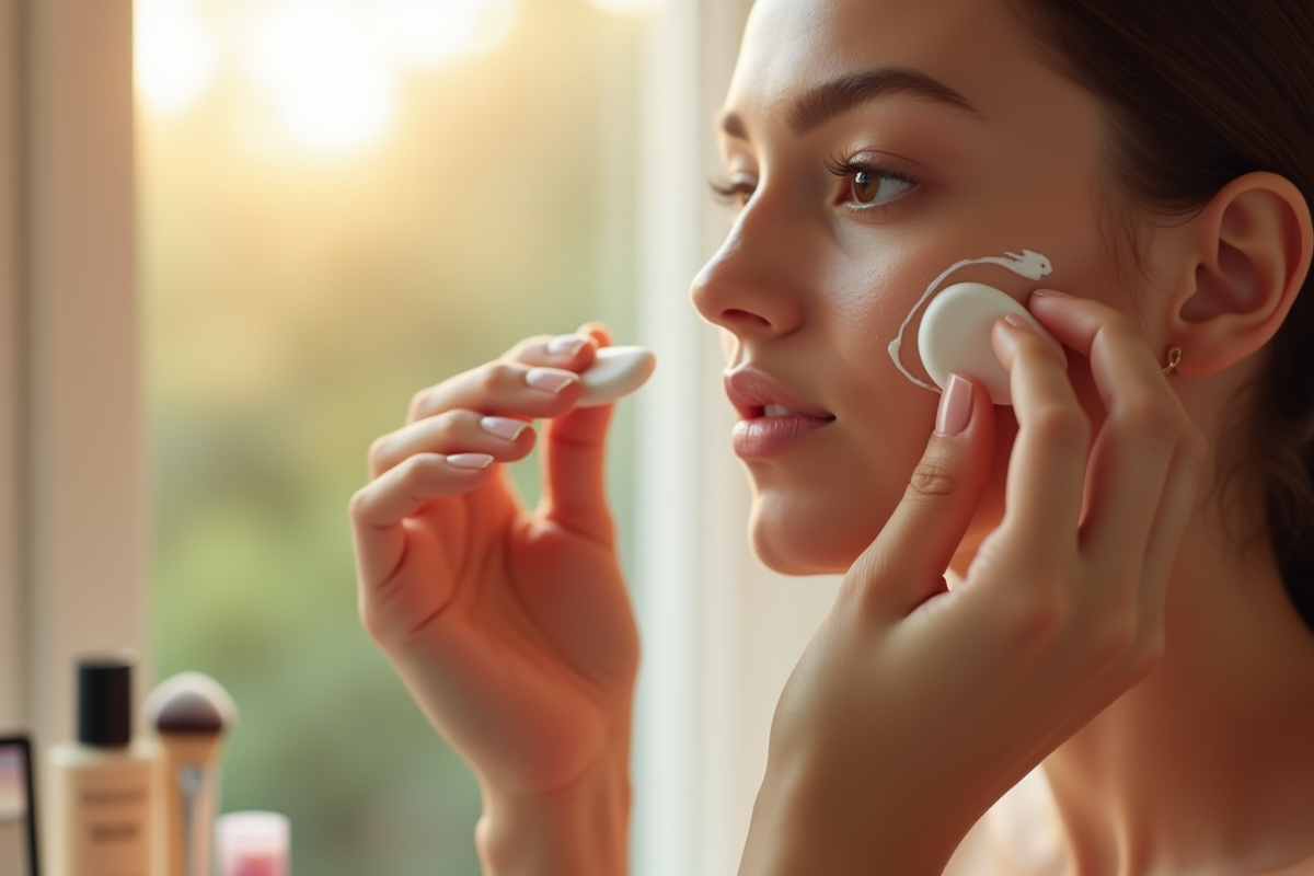 Mains appliquant une creme hydratante sur la joue