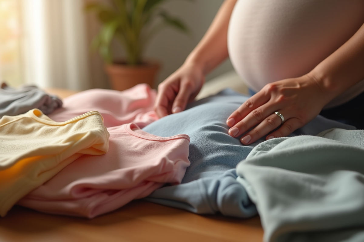 Mains choisissant des bodysuits de maternité colorés
