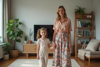 Maman et fille souriantes dans un salon moderne et chaleureux