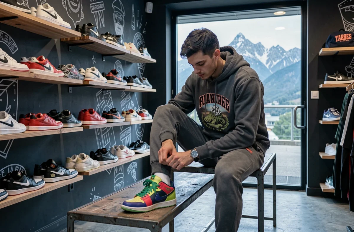 Jeune client essayant des baskets streetwear dans la boutique Manik à Tarbes avec vue sur les Pyrénées en fond