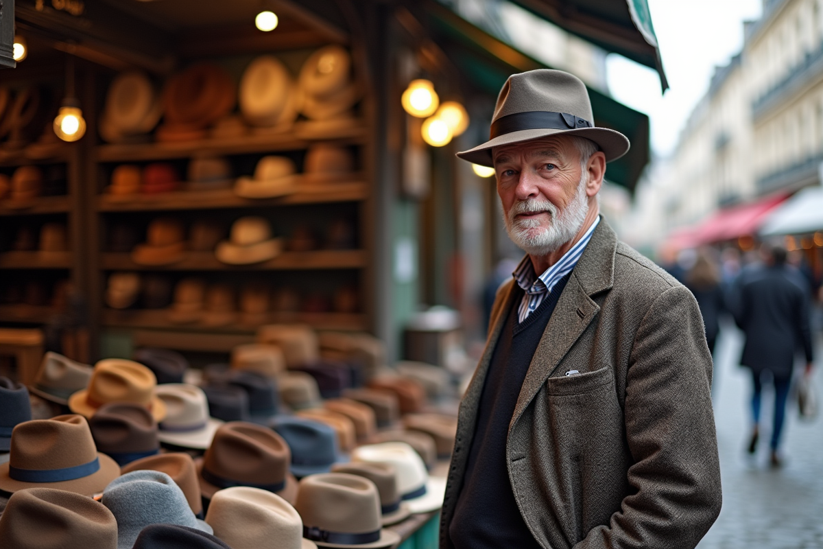 Homme âgé vendant des chapeaux dans un marché parisien