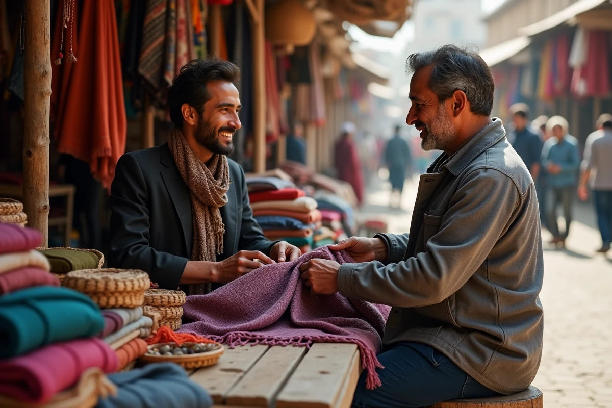 Vendeur présentant un pashmina à une cliente dans un marché artisanal, illustrant les conseils d'achat authentiques