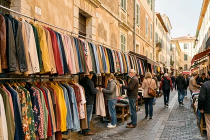 Vue d'ensemble d'une friperie de rue animée à Marseille avec des vêtements vintage colorés suspendus sur des portants extérieurs