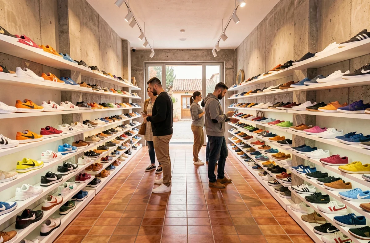 Vue d'ensemble d'une boutique de baskets moderne en Occitanie avec des clients qui essaient des chaussures