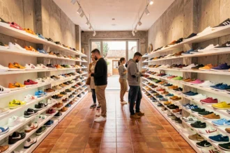 Vue d'ensemble d'une boutique de baskets moderne en Occitanie avec des clients qui essaient des chaussures