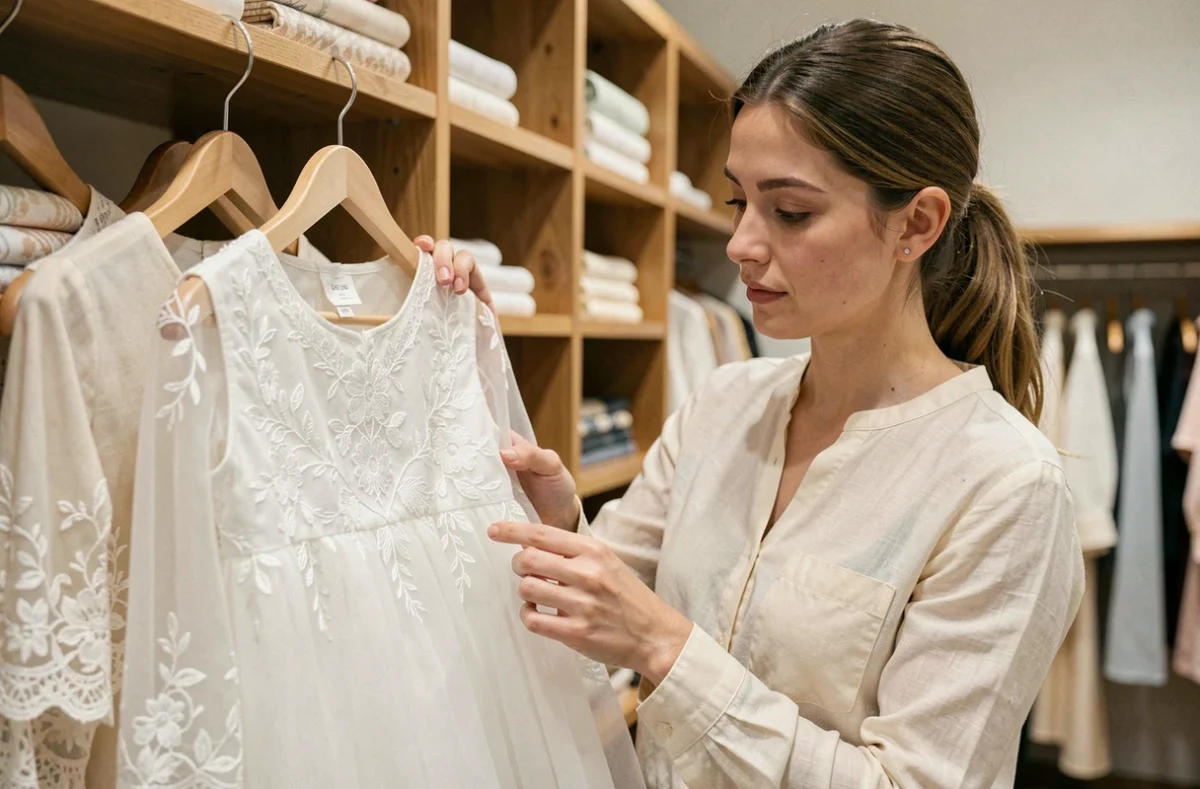 Mère examinant une robe de baptême bébé en boutique, vérifiant la qualité des broderies avant achat