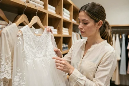 Mère examinant une robe de baptême bébé en boutique, vérifiant la qualité des broderies avant achat