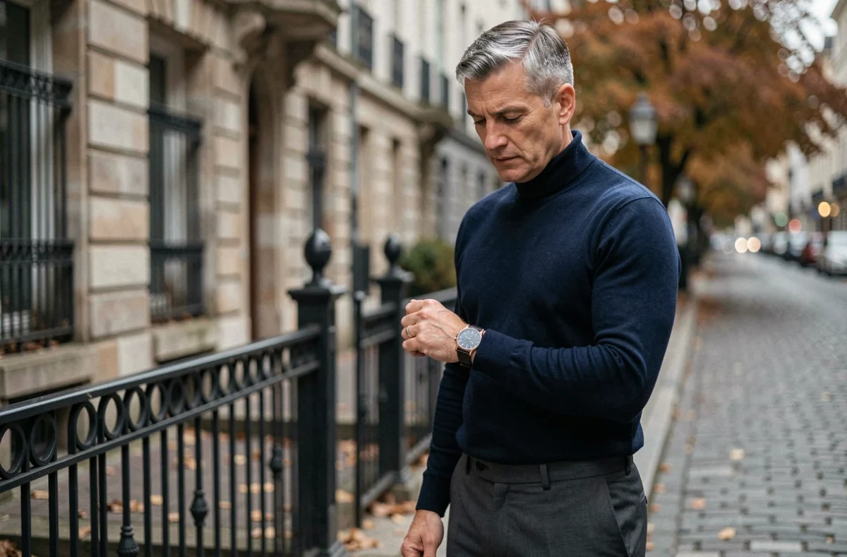 Homme élégant en col roulé marine consultant une montre originale à boîtier céramique et cadran météorite dans une rue pavée européenne
