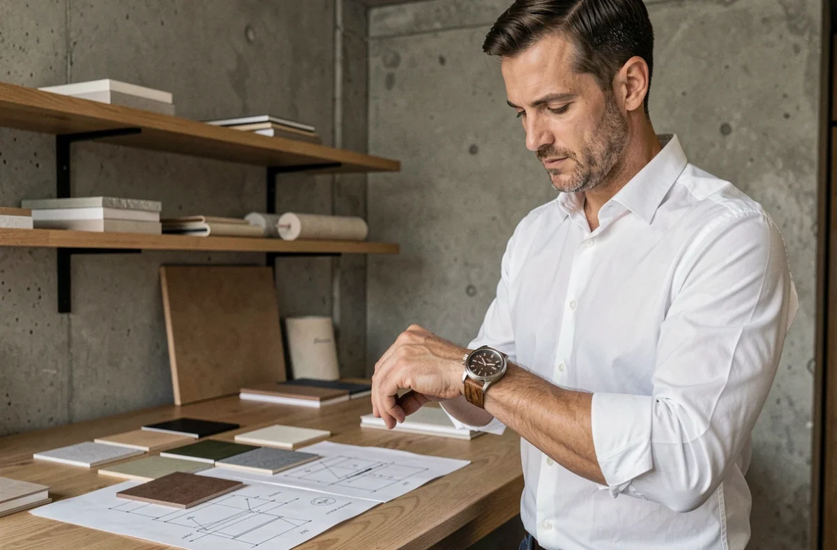 Homme en chemise blanche examinant une montre originale en bois et titane dans un atelier artisanal moderne