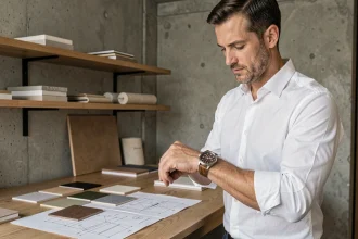 Homme en chemise blanche examinant une montre originale en bois et titane dans un atelier artisanal moderne