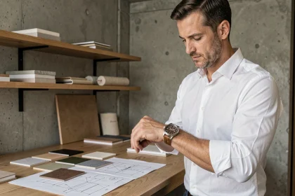 Homme en chemise blanche examinant une montre originale en bois et titane dans un atelier artisanal moderne