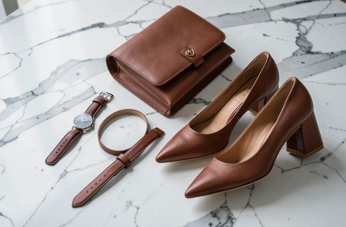 Montre, sac structuré, ceinture et escarpins à talon bloc posés ensemble