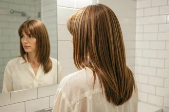 Femme aux cheveux raides avec une coupe mulet moderne et volumineuse vue de face et de dos dans un miroir de salle de bain