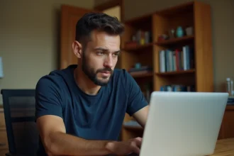 Homme naviguant discrètement sur un site web depuis son bureau à domicile