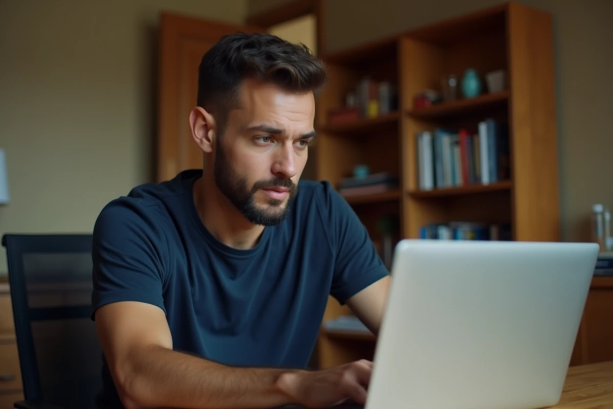Homme naviguant discrètement sur un site web depuis son bureau à domicile