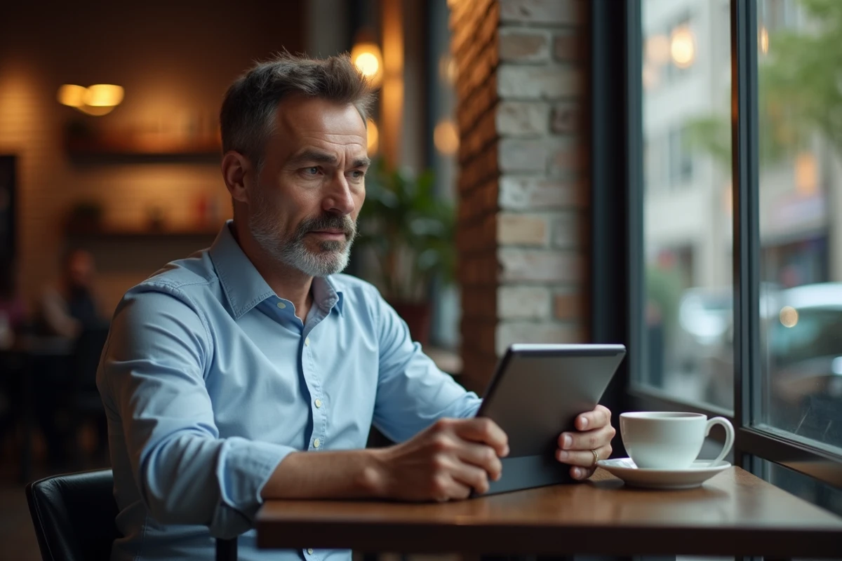 Homme utilisant une tablette en navigation privée dans un coin discret de café