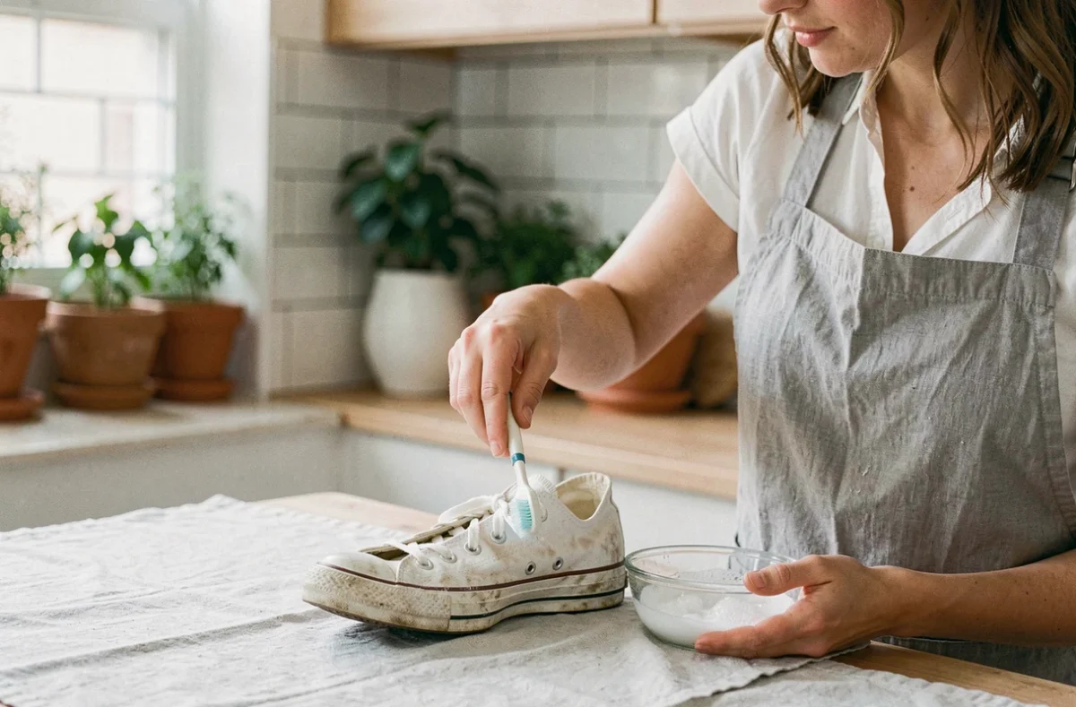 Femme nettoyant une converse à la brosse souple avec de l'eau savonneuse avant le lavage en machine