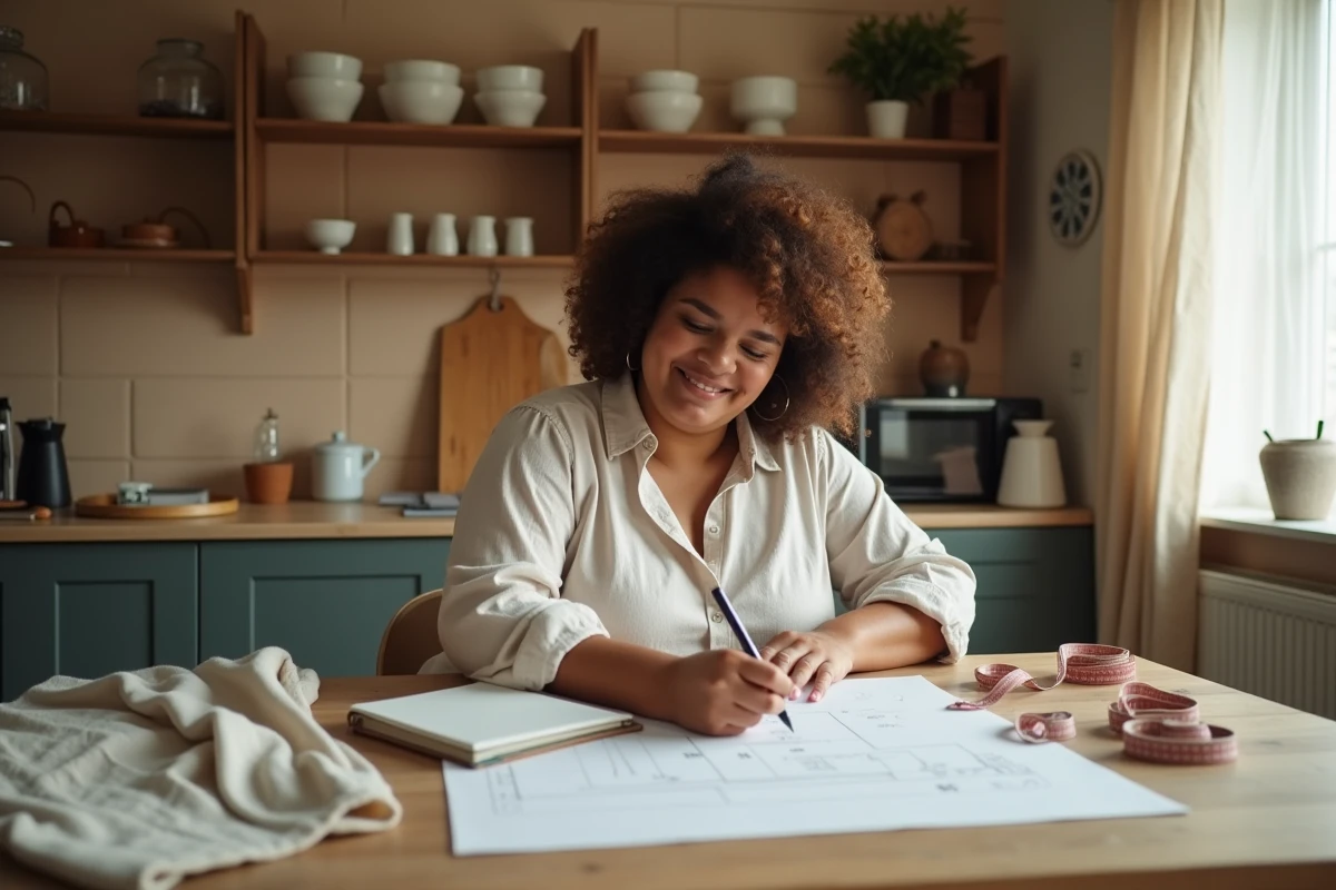 Femme grande taille notant ses mensurations sur un carnet à une table en bois avec un mètre ruban et des patrons de couture